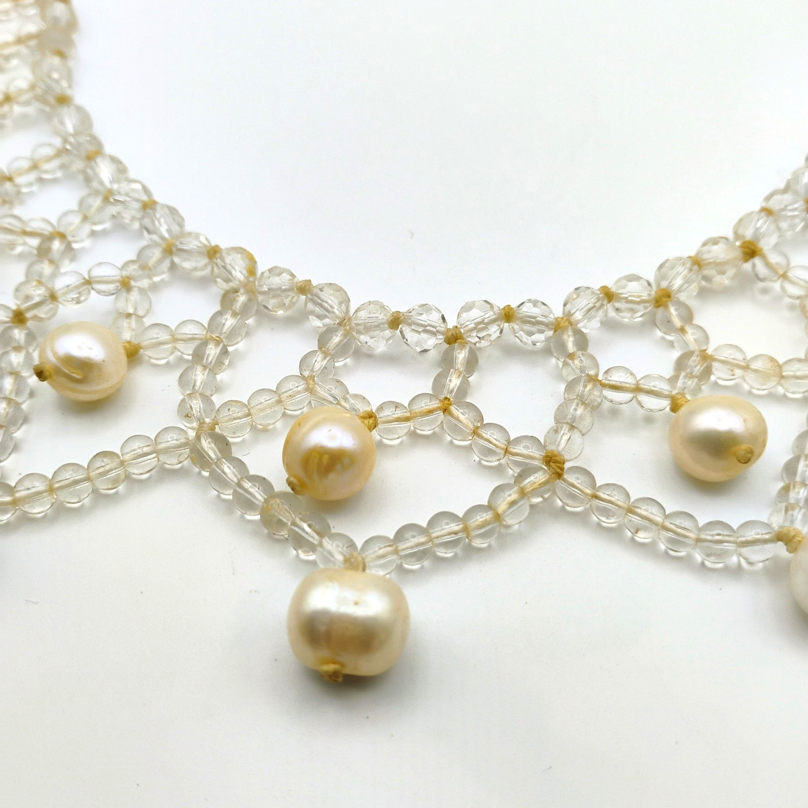 Vintage Cultured Pearl Bib Necklace Clear Glass Beads 21in