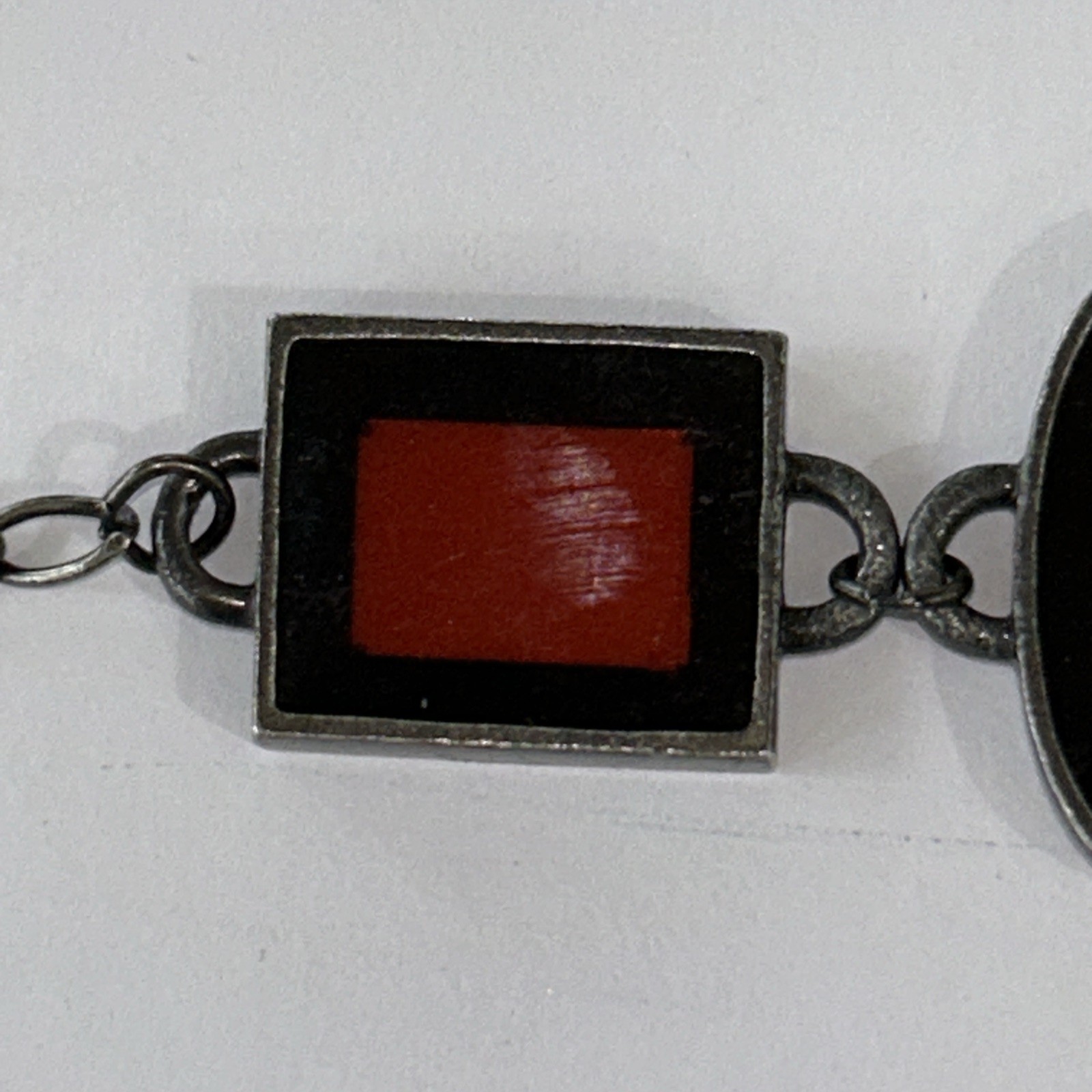 Vintage Bracelet Red Art Glass Retro Era Rectangle Silver Tone