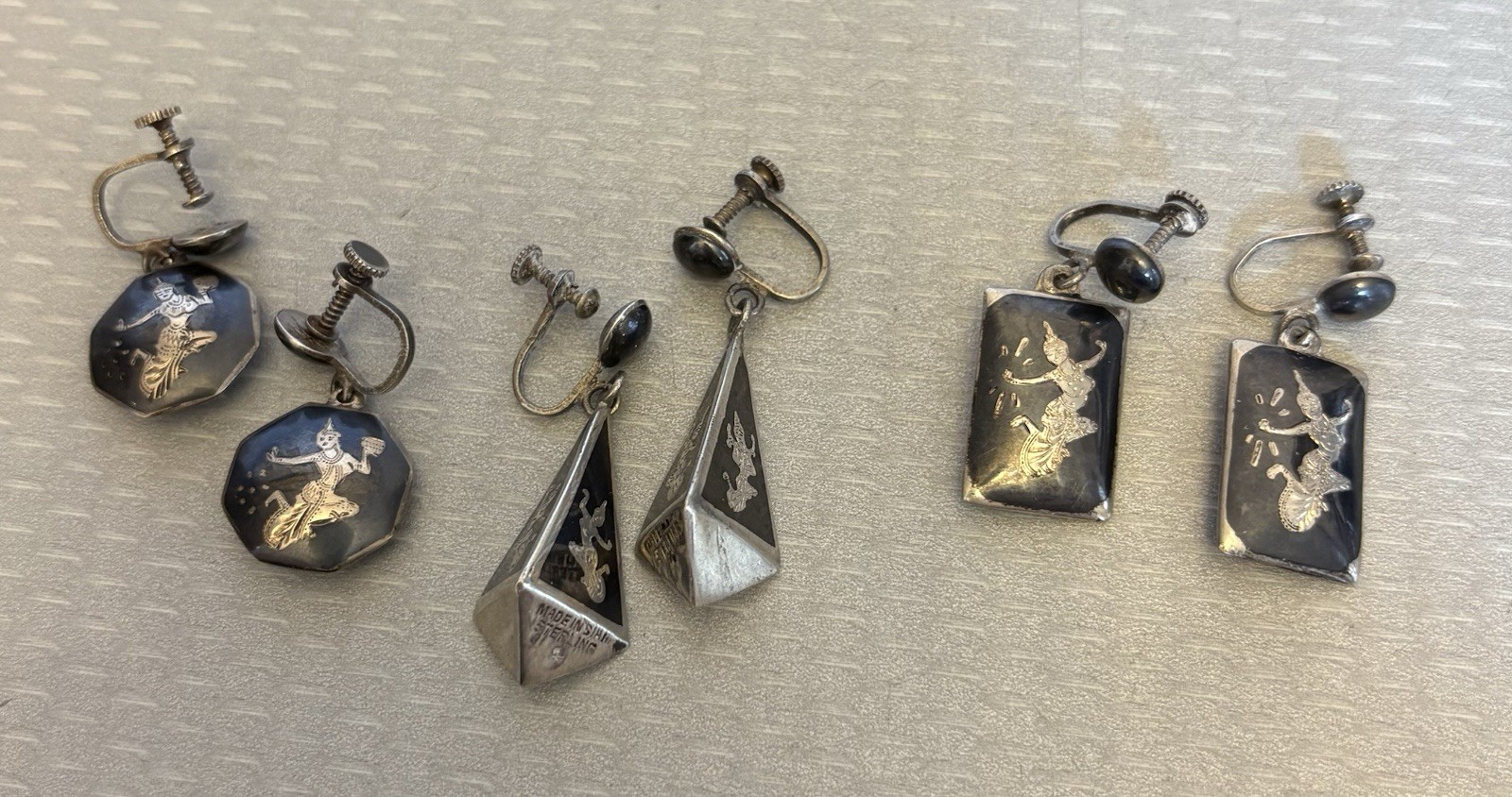 Vintage Siam Sterling Silver Niello Enamel Screw Back Earrings Dangle Drop LOT 3