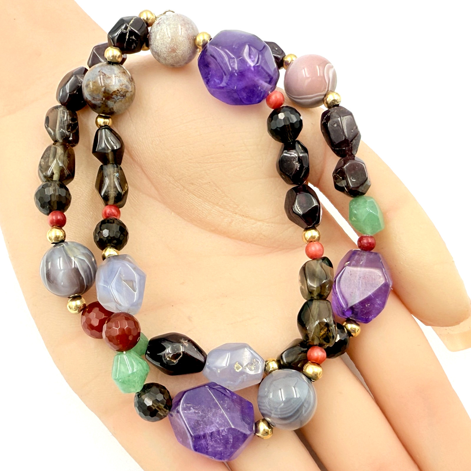 Spectacular 14K Gold Amethyst Garnet Quartz Chalcedony Beaded Necklace