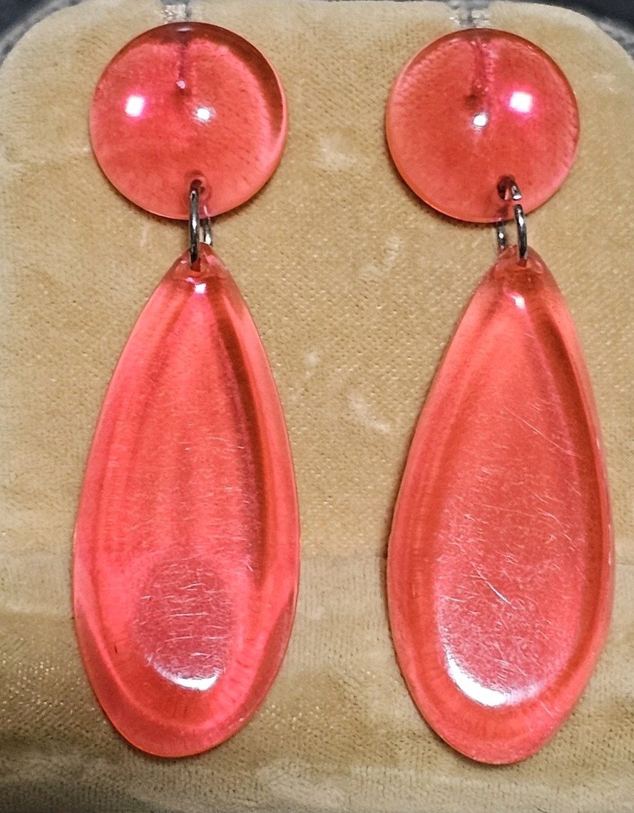 Electric Pink Acrylic Lucite Tier Drop Dangle Stud Earrings 2 1/2″ Long