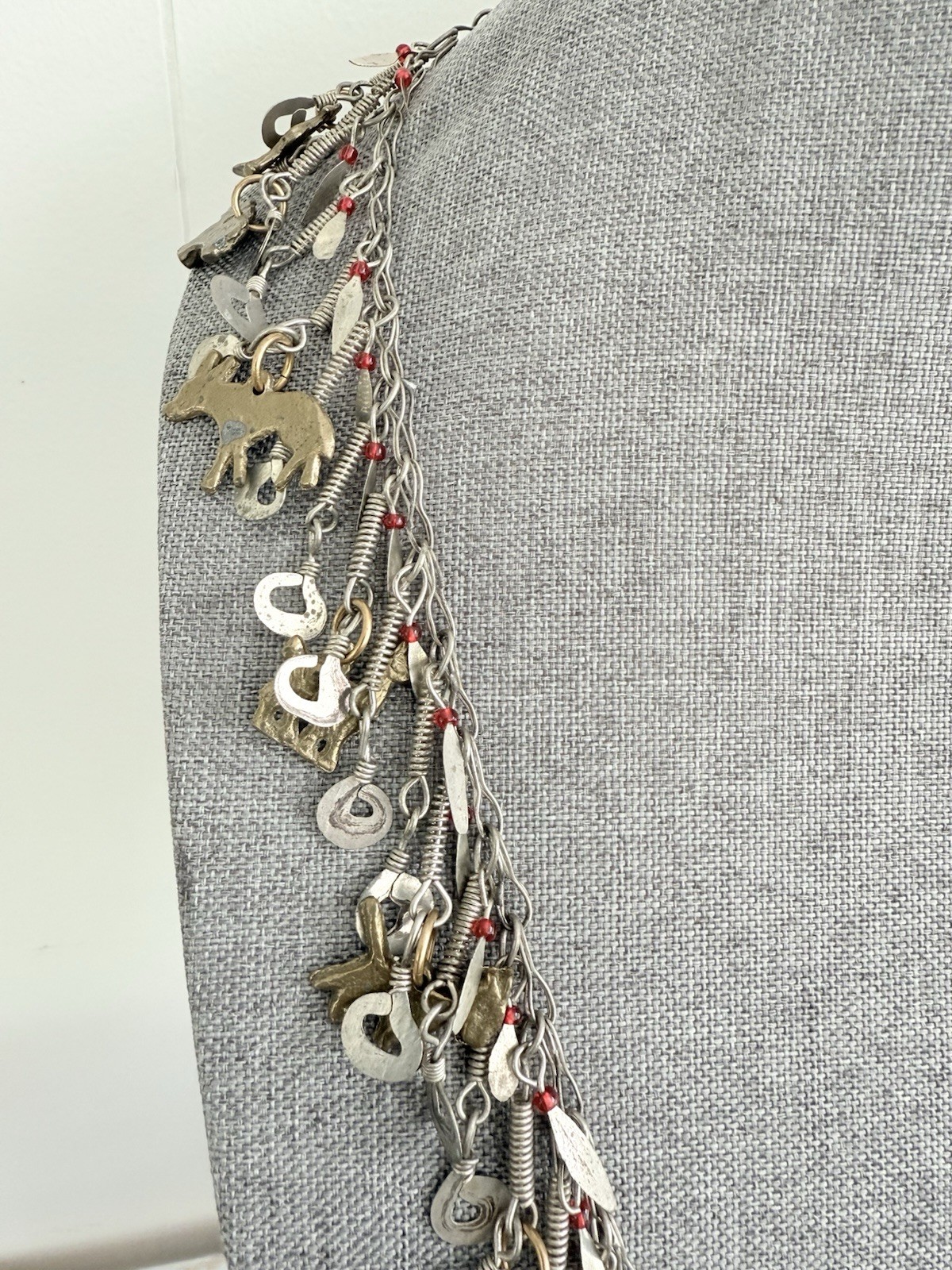 Vintage Silver Tone Cha Cha Statement Necklace, Tribal Charm Necklace Animals