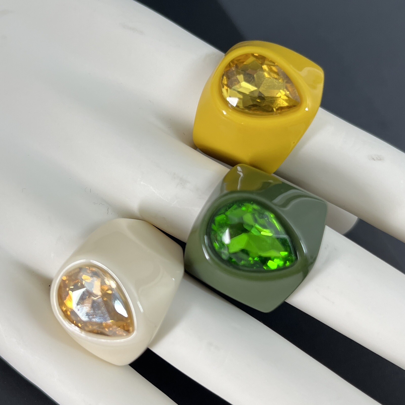 Retro Lucite Rhinestone Rings Set Green Yellow Cream Size 7 – 7.5 Chunky Boho