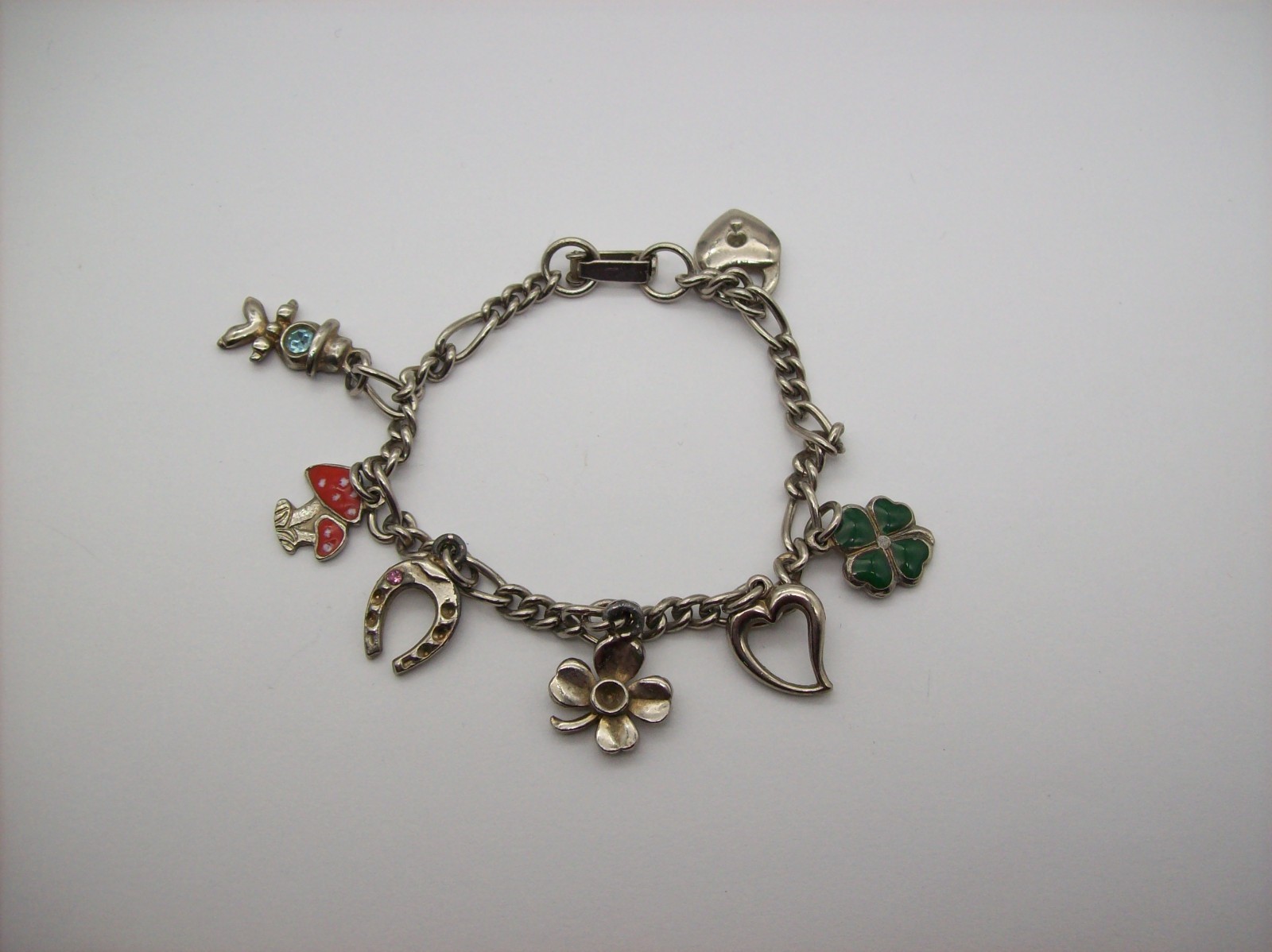 Vintage Silvertone Mix GOOD LUCK Charm Bracelet, Enamel, some made in Germany