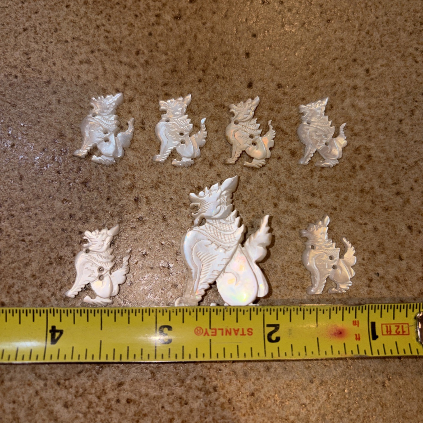 7-Qty Carved Mother Of Pearl Vintage Foo Dog Lion Brooch Pin Buttons MOP