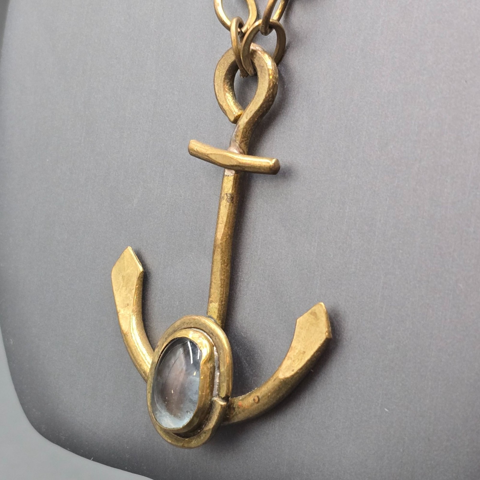 Vintage Brass Anchor Pendant Necklace Brutalist Glass Cabochon Statement Piece