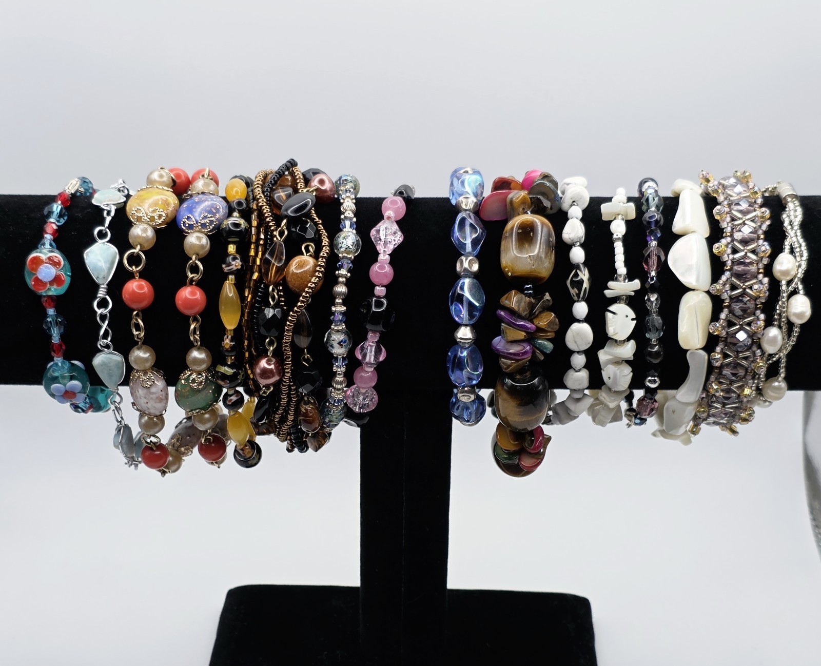 Vintage Estate Beaded Bracelet Lot 14 Pc Art Glass Gemstone Craft Harvest Wear
