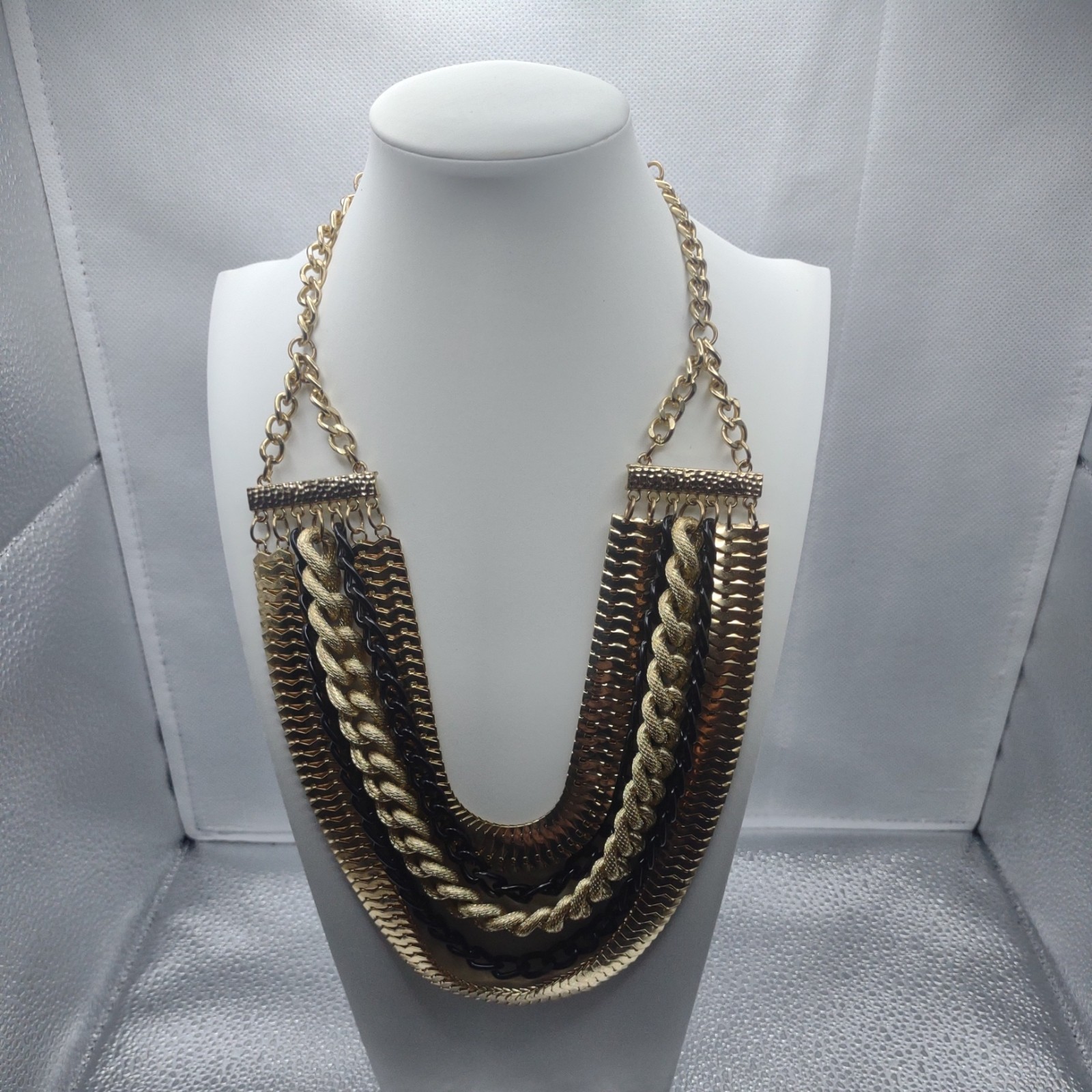 Chicos Gold Layered Chain Bib Necklace Long Adjustable