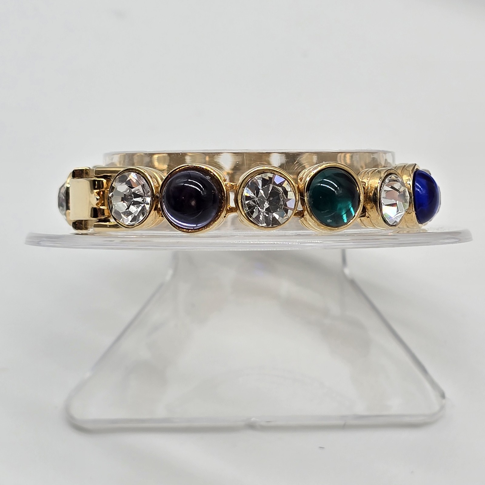 Vintage Les Bernard Bracelet Clear Rhinestones And Blue Green Purple Cabochons