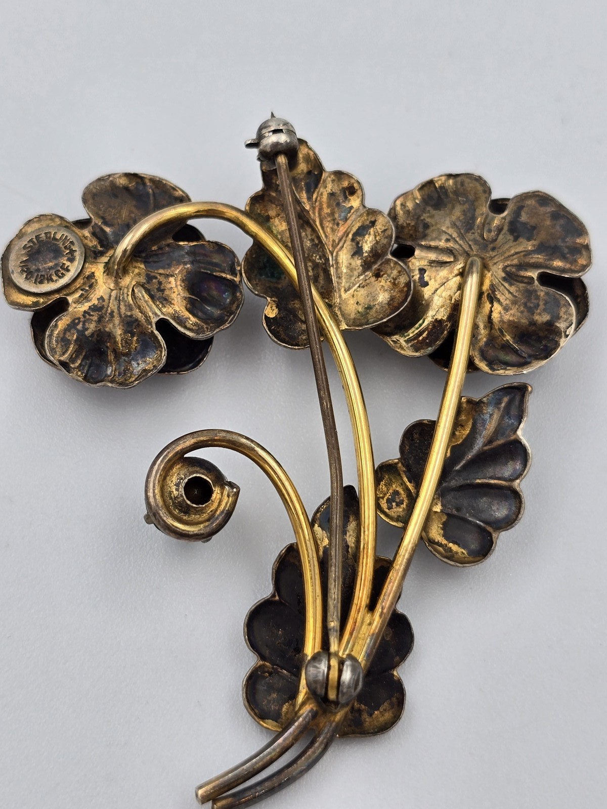 Vintage Sterling Silver 1/20 12K Gold Filled Green Rhinestone Flower Brooch Pin