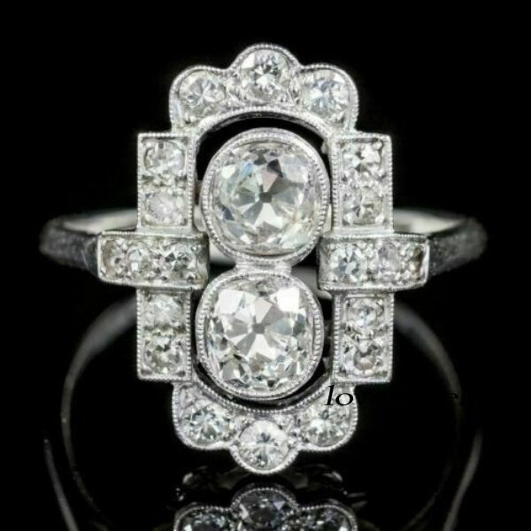 2CT Round Cut Real Moissanite Vintage Art Deco 2-Stone Ring 14K White Gold Over