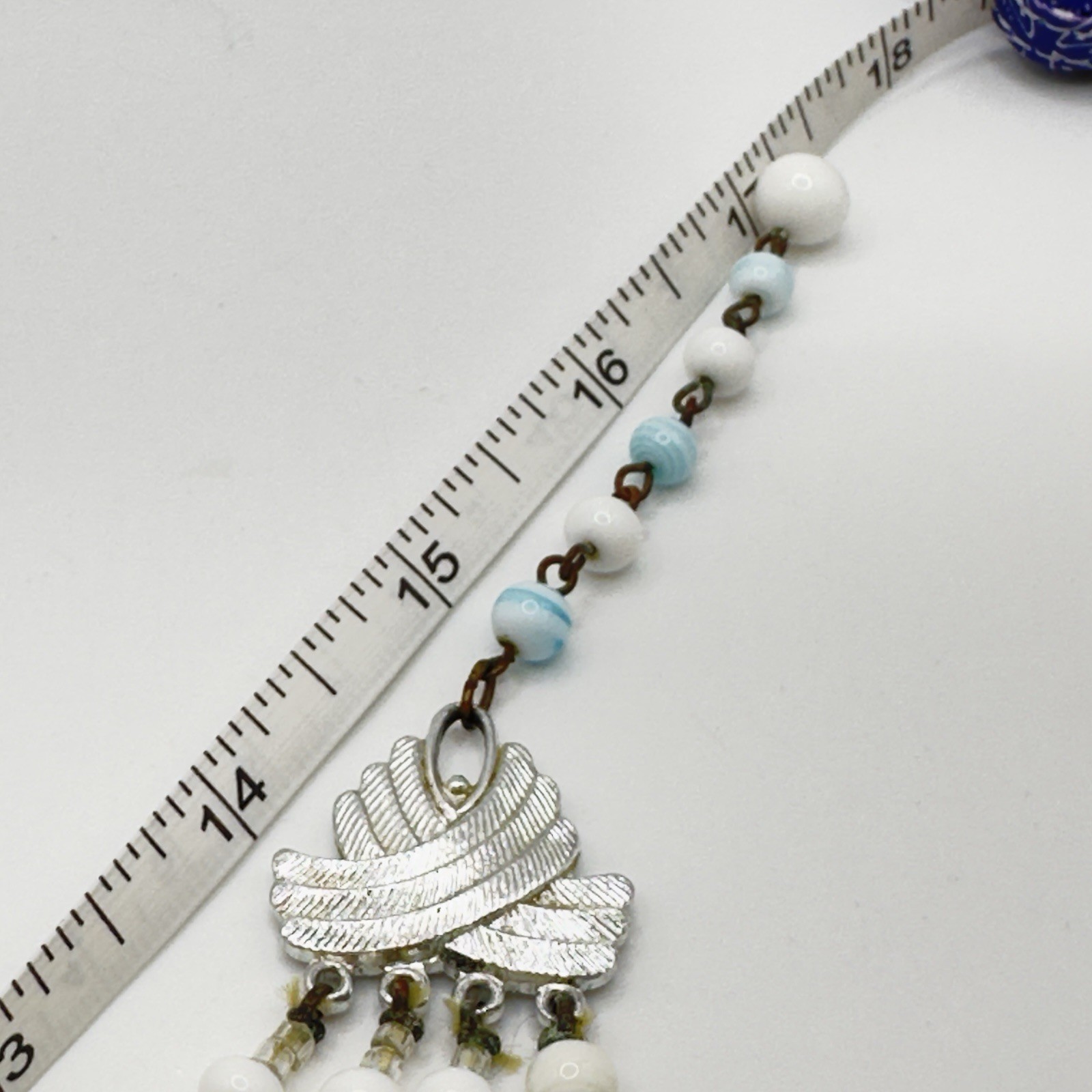 Vintage Multi 4 Strand Necklace Blue White Art Glass Beaded 17″ Choker Bib Japan