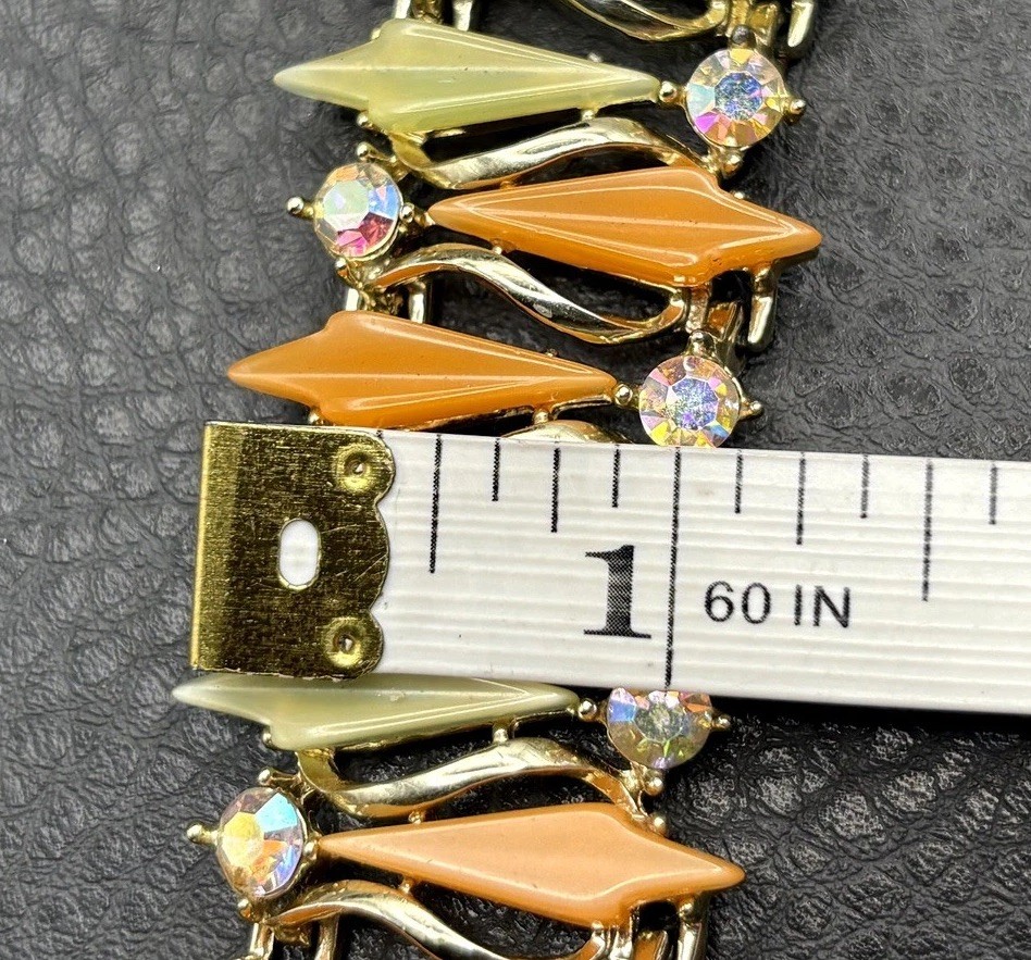 VTG Thermoset Green Orange Leaf Mod Bracelet Aurora Borealis AB Rhinestone