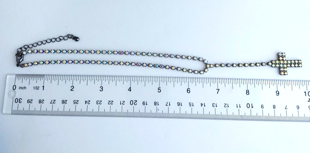 Vintage Y Drop CROSS Rhinestone Necklace AB Cup Chain Choker Gunmetal 14” to 17”