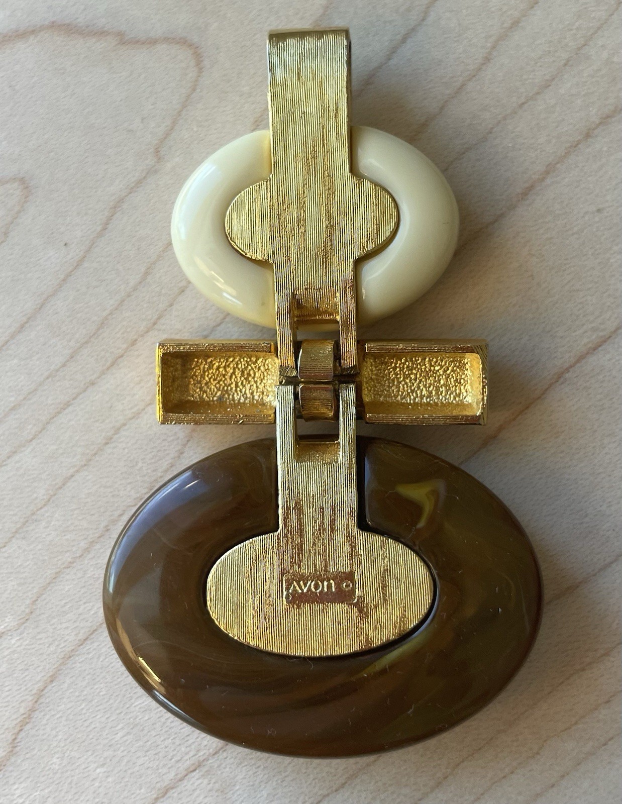 Vintage Avon Pendant Brown Cream Lucite Gold Tone Signed