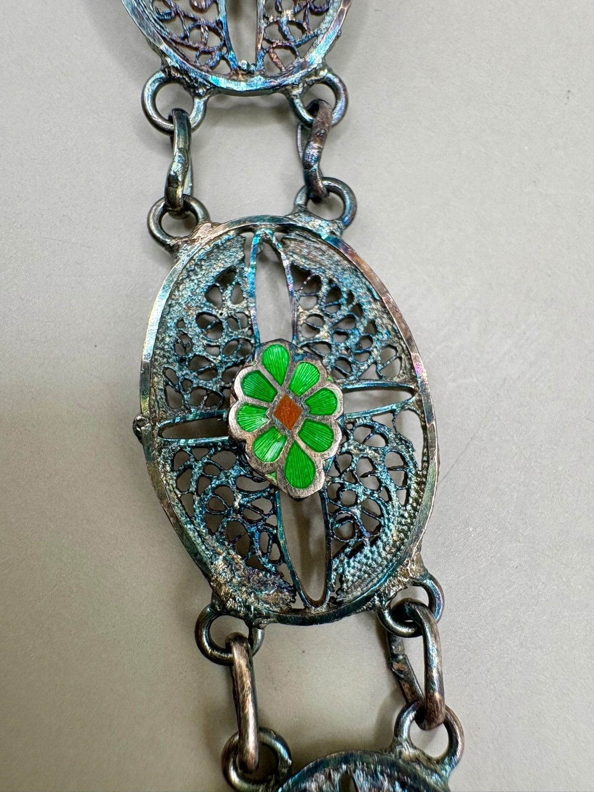Vintage 835 Silver Enamel Filigree Panel Bracelet Green Floral European 10.65g