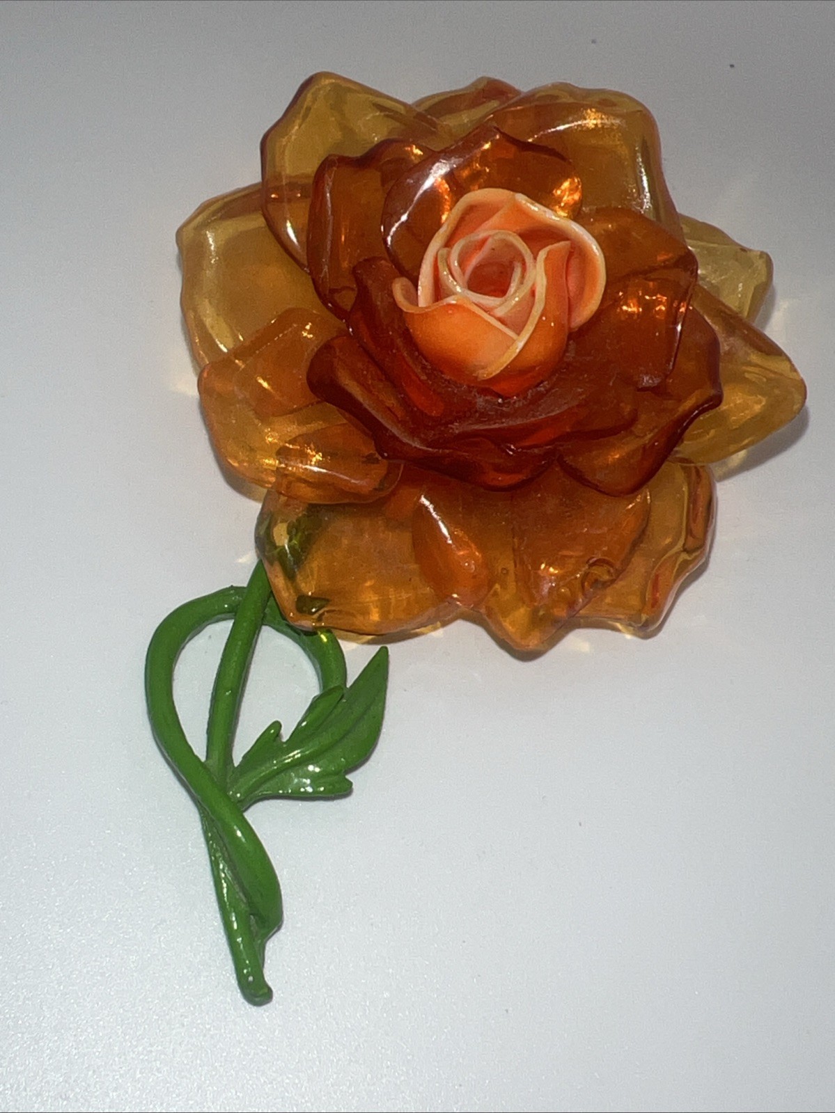VTG SUPER CURLY ORANGE ACETATE ROSE FLOWER HI-RELIEF LIME ENAMEL BROOCH PIN
