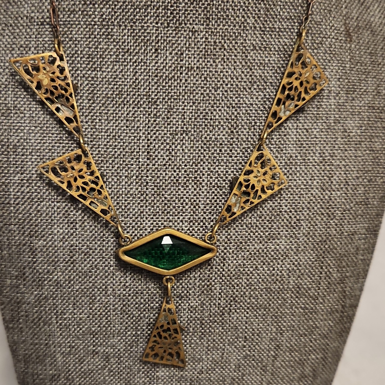Vintage 1920’s transition style brass, enamel, green glass paste necklace