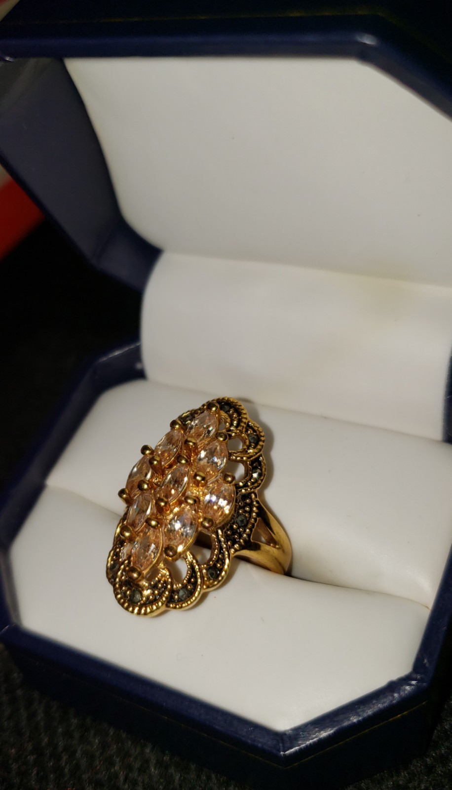Very Beautiful Goldtone Metal Faux Marcasite Orange Peach CZ Crystal Ring Sz. 7