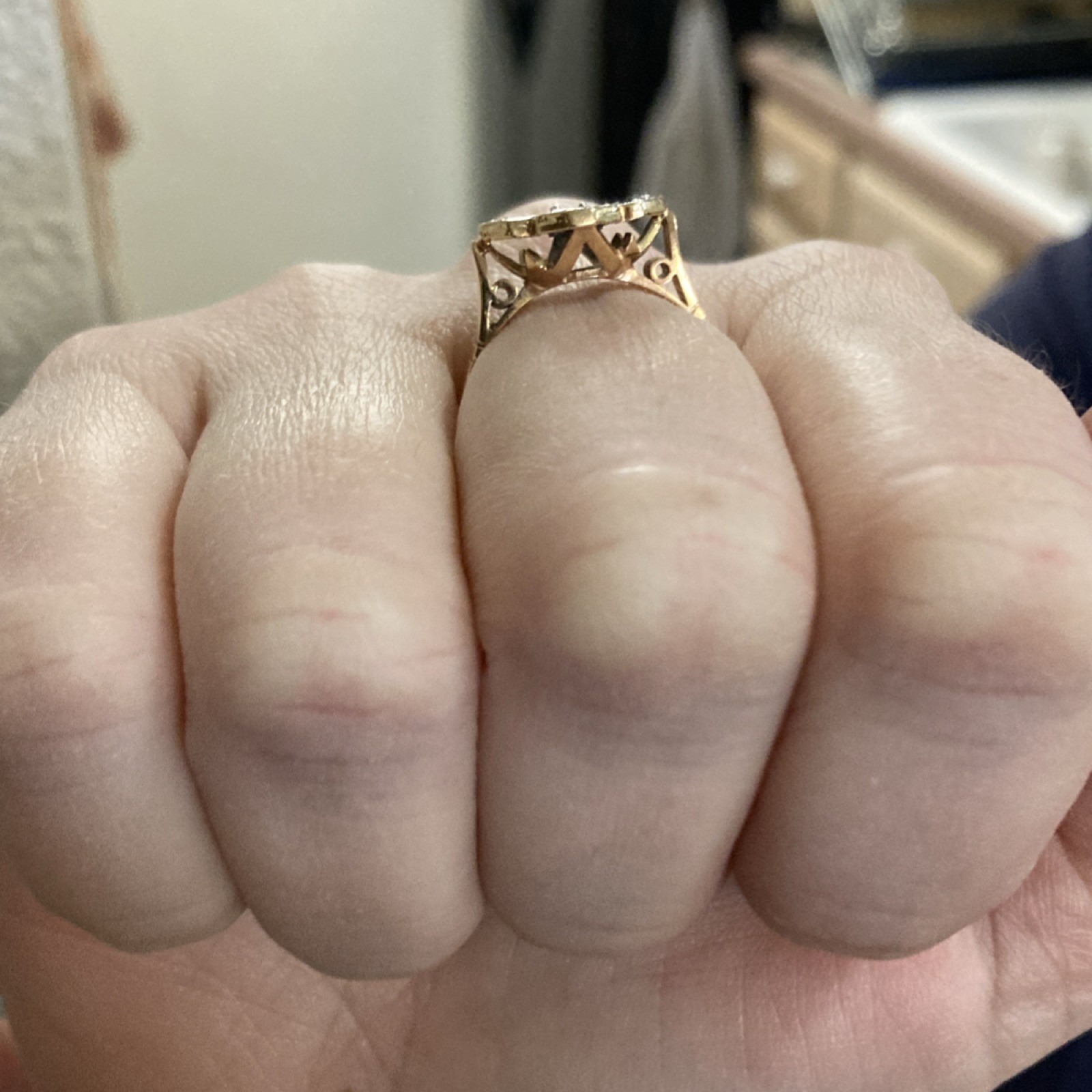 Antique Gold Cocktail Ring with Square Diamond and Blue Sapphire Accents