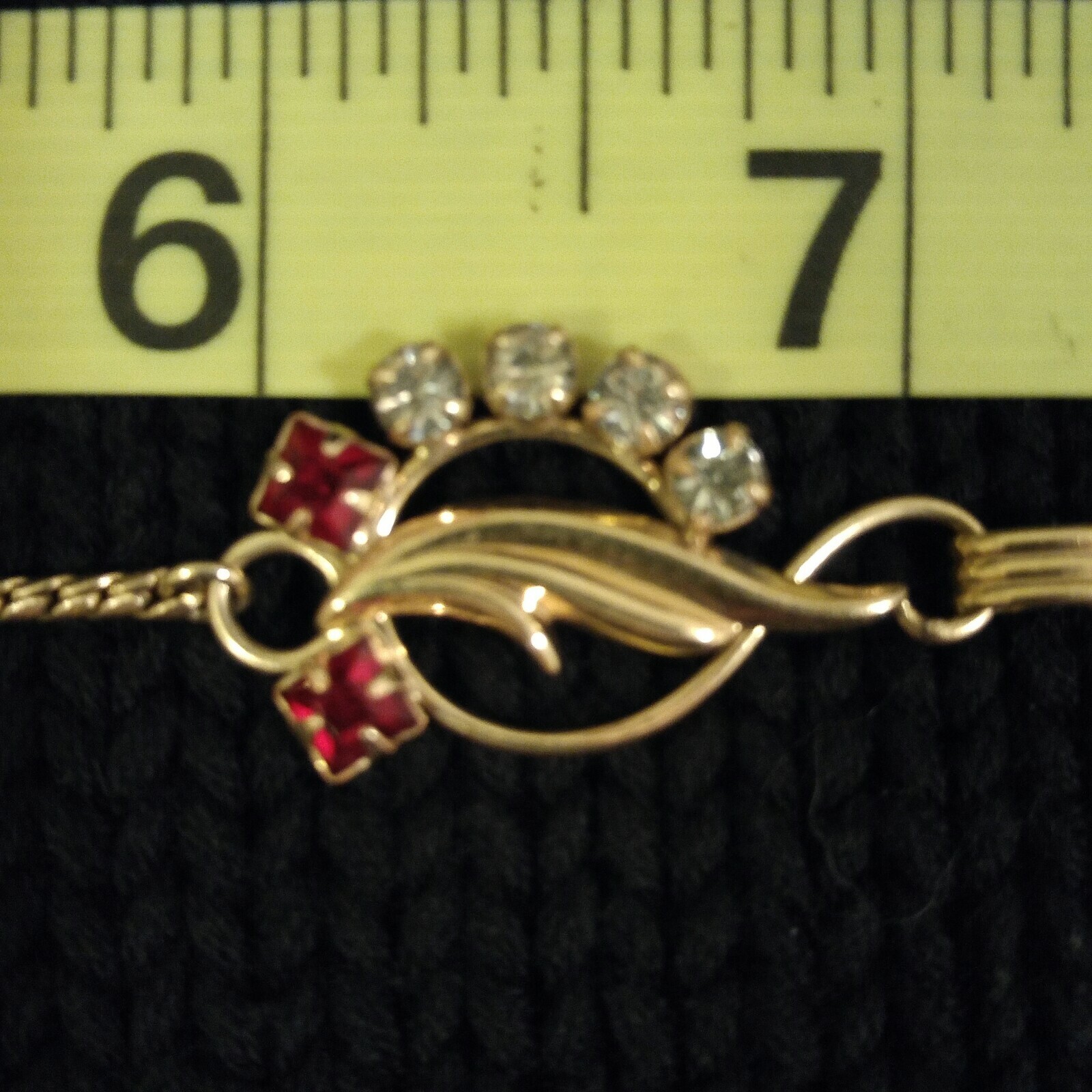 Womens Vintage Necklace Choker 16″ Gold Tone Red/Clear Rhinestone Stamp G.F 12K