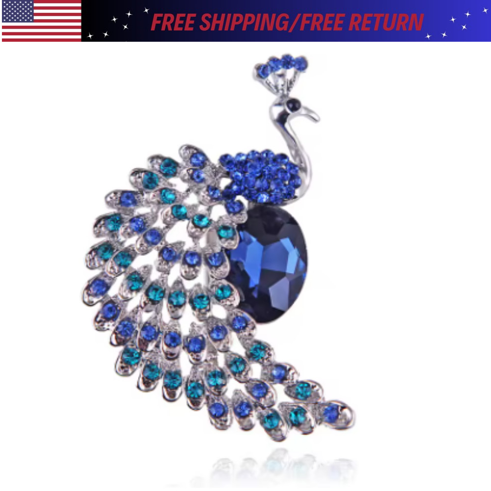 Vintage Style Peacock Bird Rhinestone Crystal Cyan Bird Brooch Pin Pendant Gift