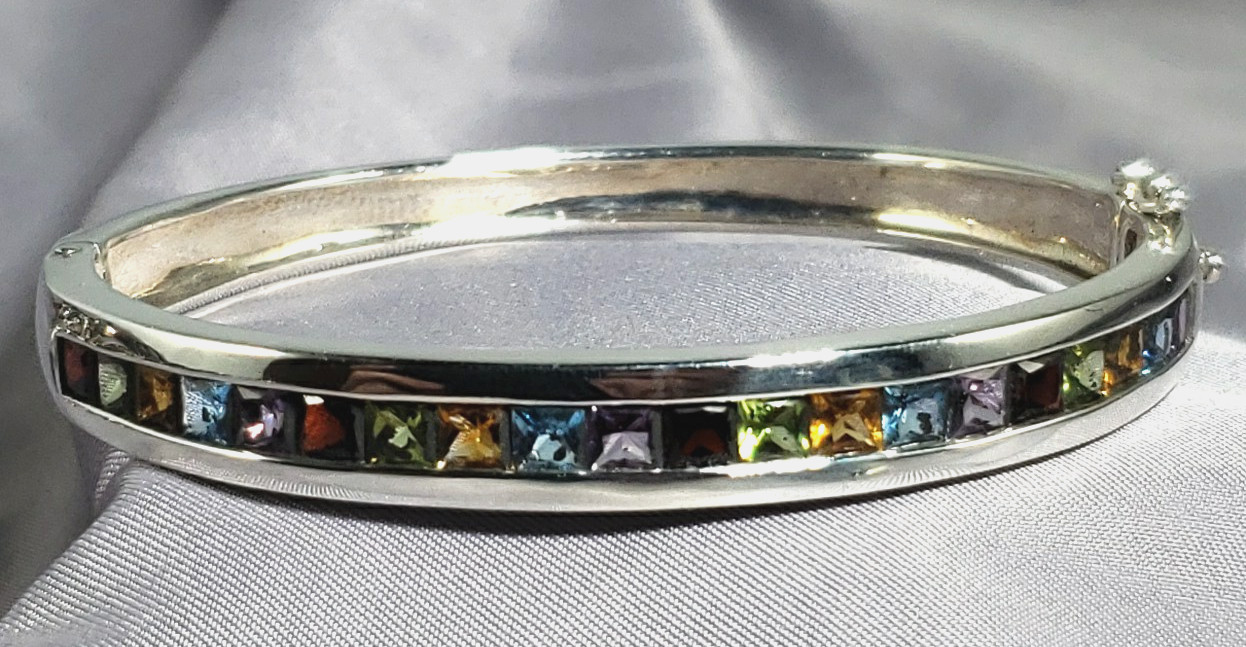 STERLING SILVER HINGED Bangle BRACELET MULTI-COLOR GEMSTONES Size 7″
