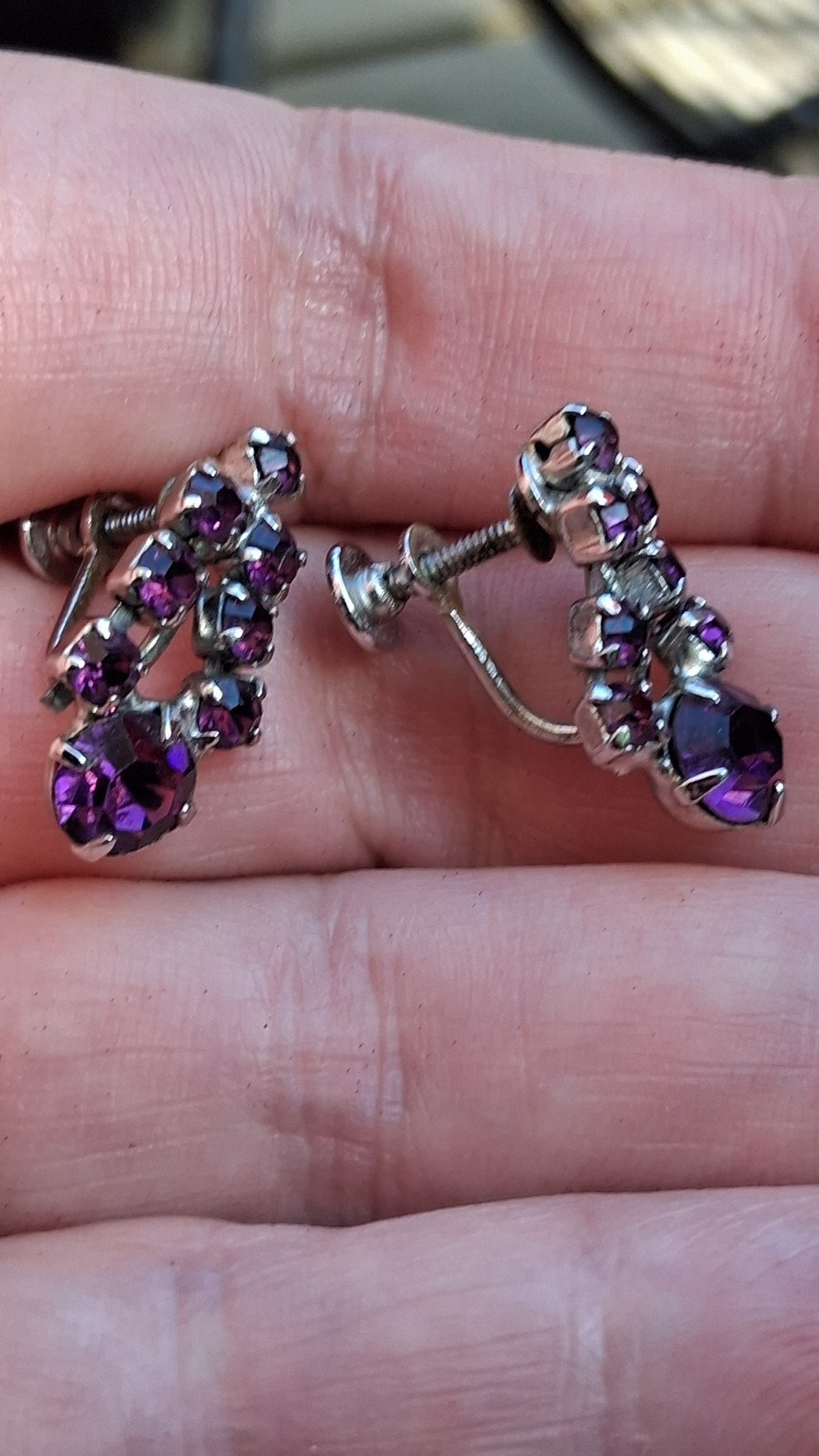 Vintage Amethyst Purple Rhinestone Earrings MidCentury Waterfall Cluster Costume