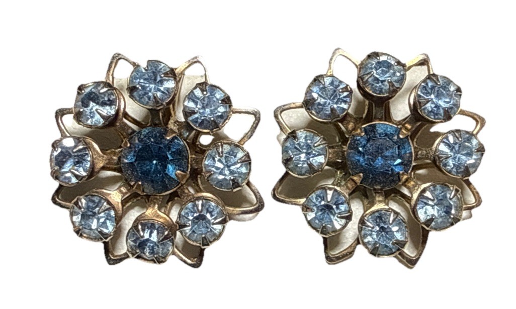 Vintage Blue Rhinestone Floral Style Screw Back Earrings J15-20