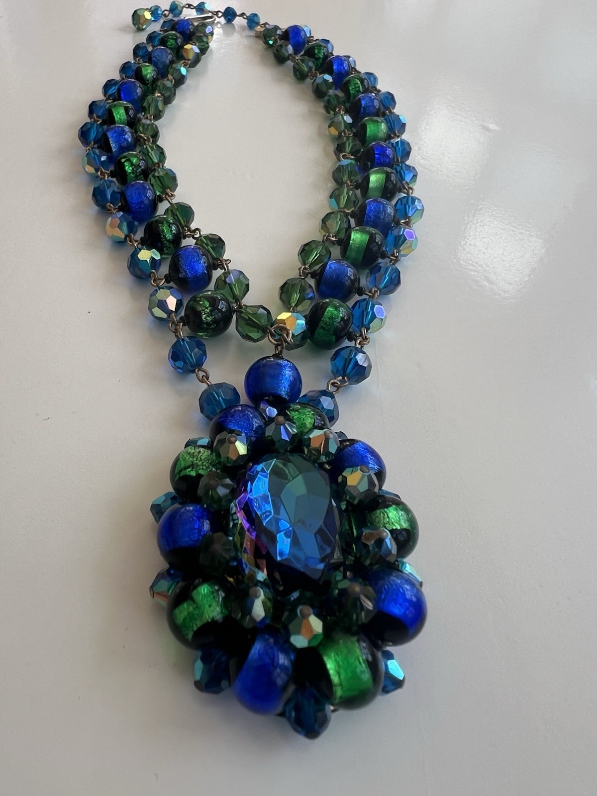 GORGEOUS VTG STATEMENT DESIGNER NECKLACE VENETIAN FOILED BLUE/GREEN GLASS BEADS