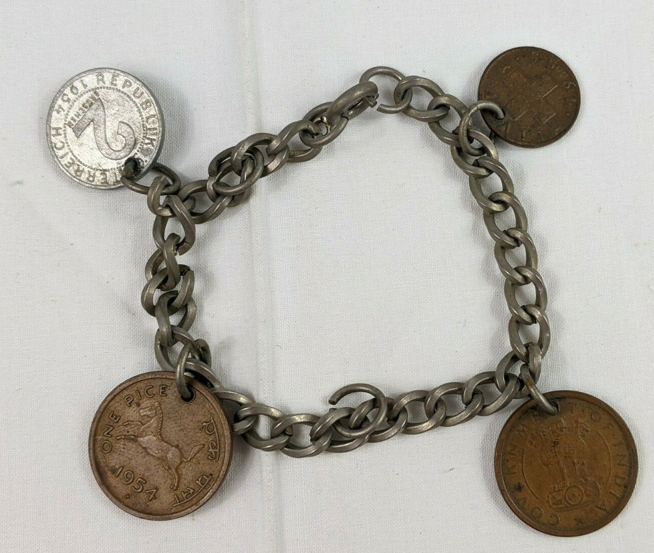 Retro Coins Charm Bracelet Coins from Around the World 4 Coins Jewelry Prop