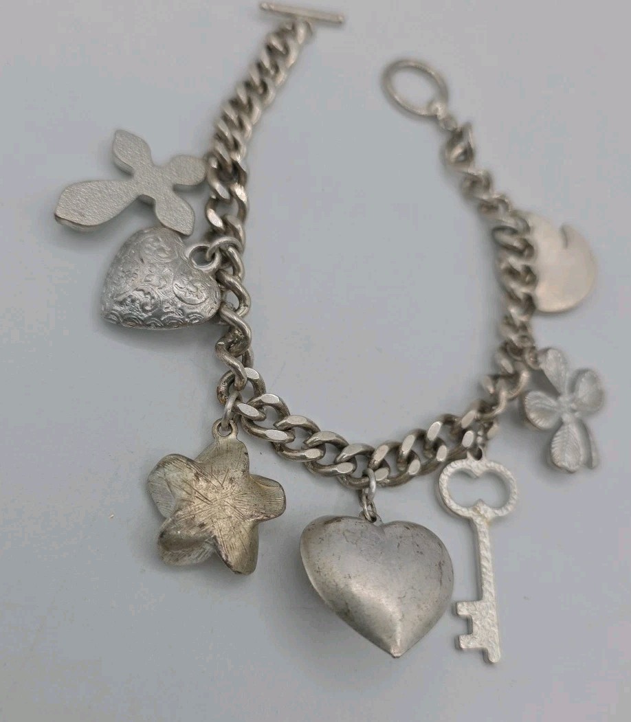 Vintage Silver Tone Chunky Charm Bracelet Heart Key Clover 8″ Cross Love Luck