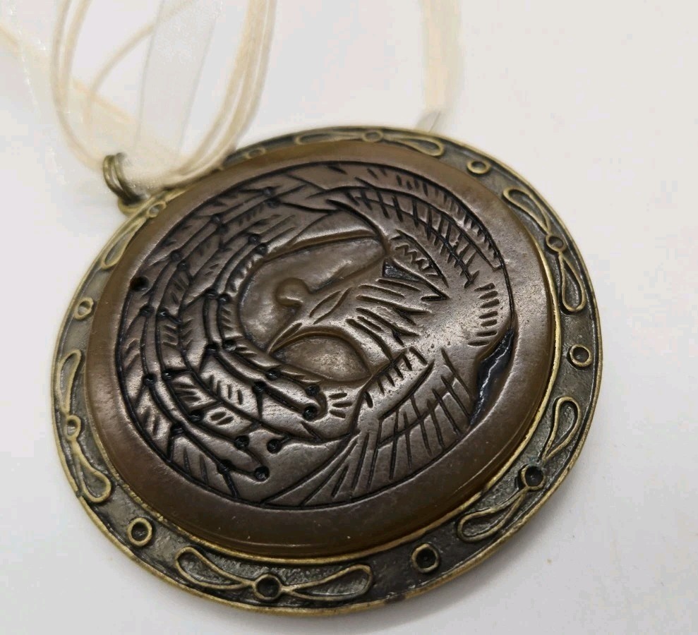 Carved Phoenix Medallion Pendant Necklace Ribbon Statement Vintage 18 in