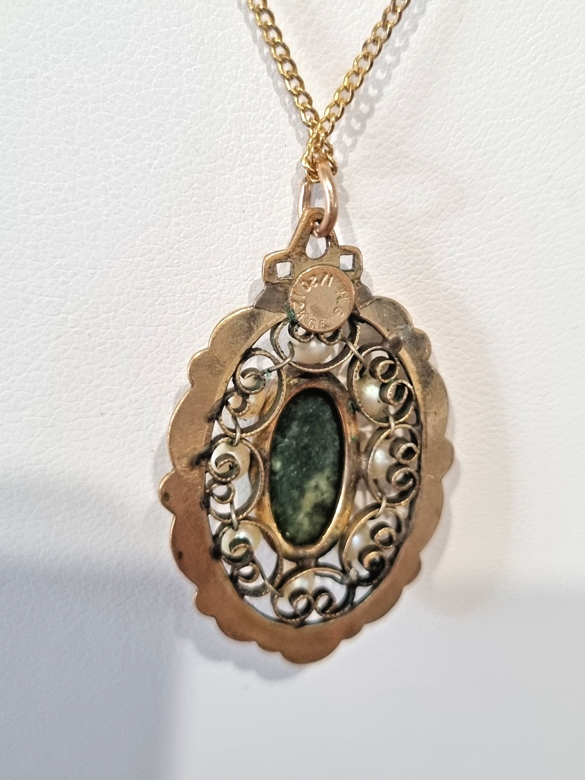 Vintage 12k Gold Fill Real Pearl Genuine Jade Pendant Chain Necklace See Video