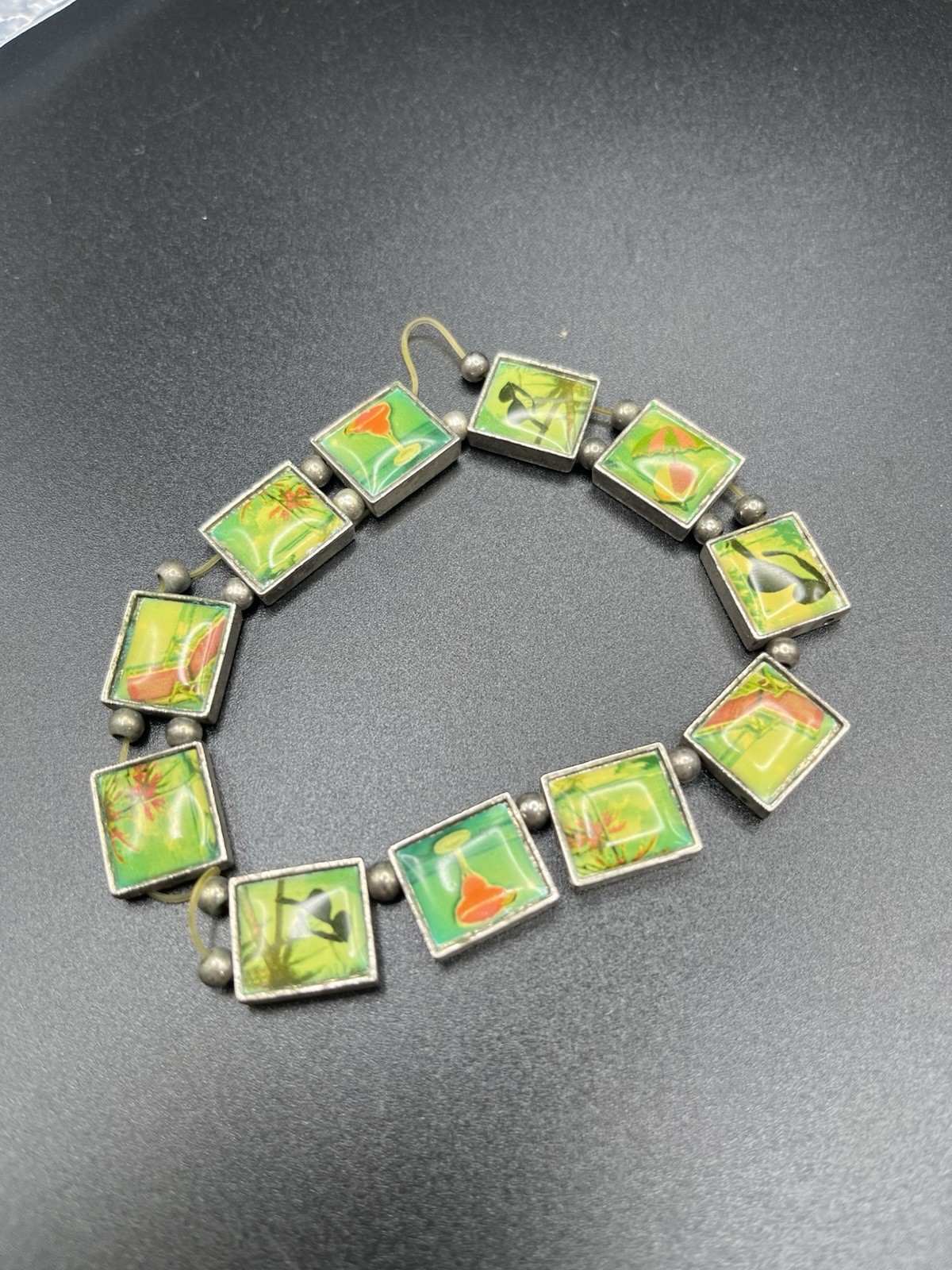 Vintage Resin Art Tile Bracelet Tropical Beach Summer Floral Silver Tone *BROKEN