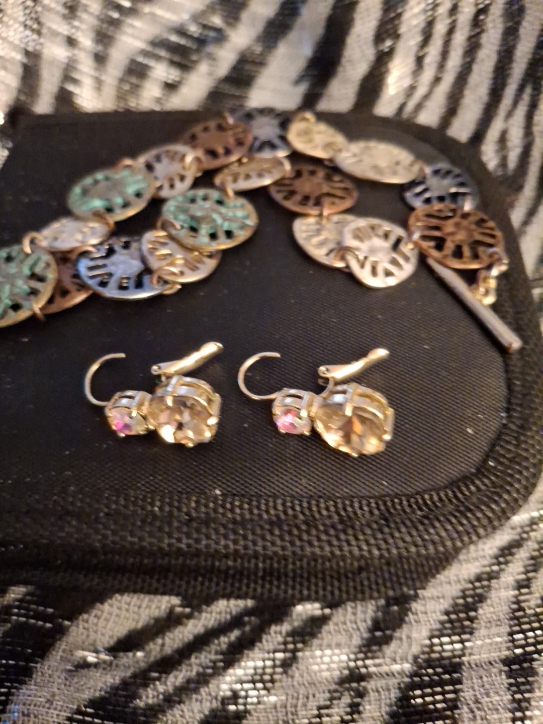 Vintage Multicolor Metal Charm Bracelet, And Earrings