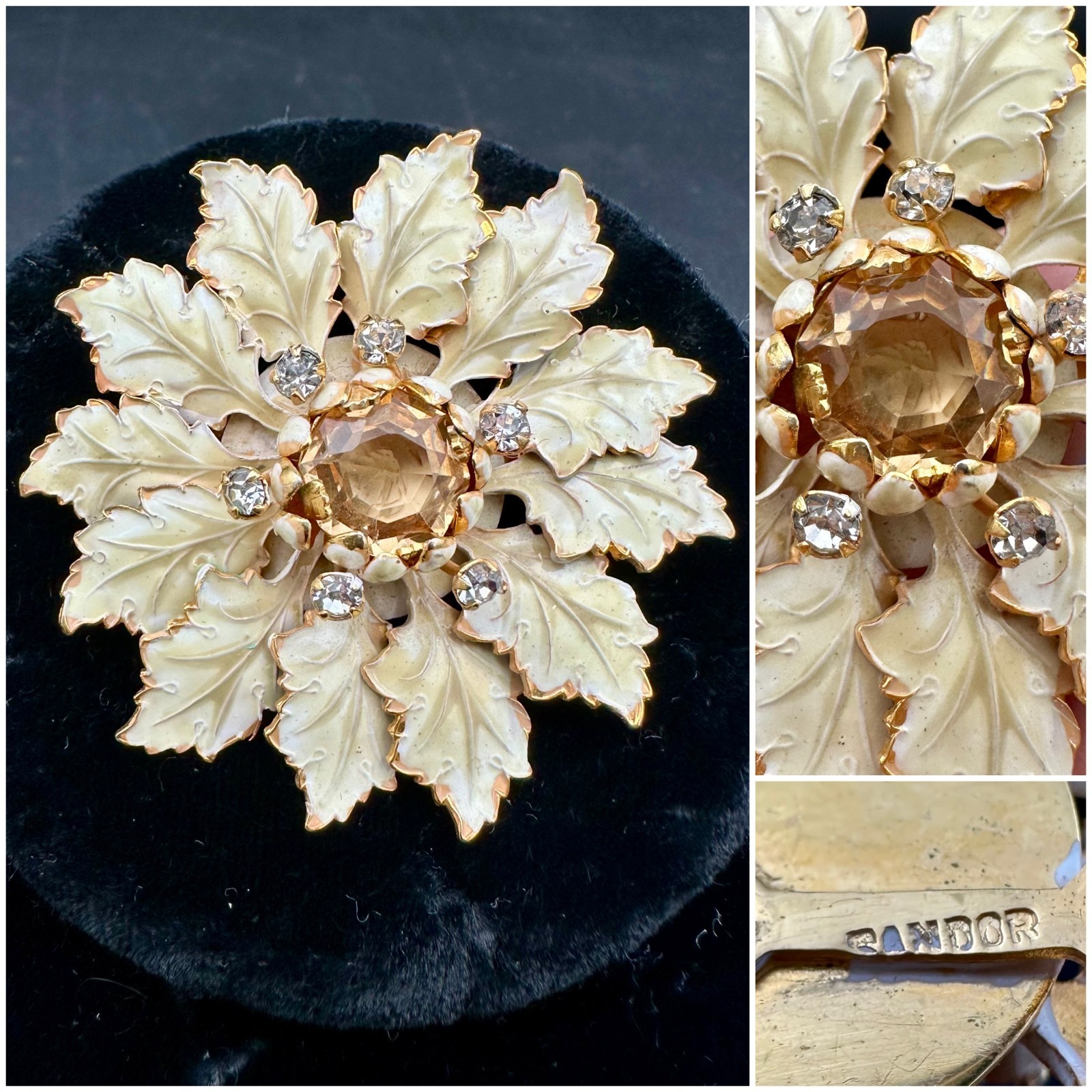 Vintage 1940’s-1950’s SANDOR Pronged Rhinestone Enamel Flower Brooch Jewelry