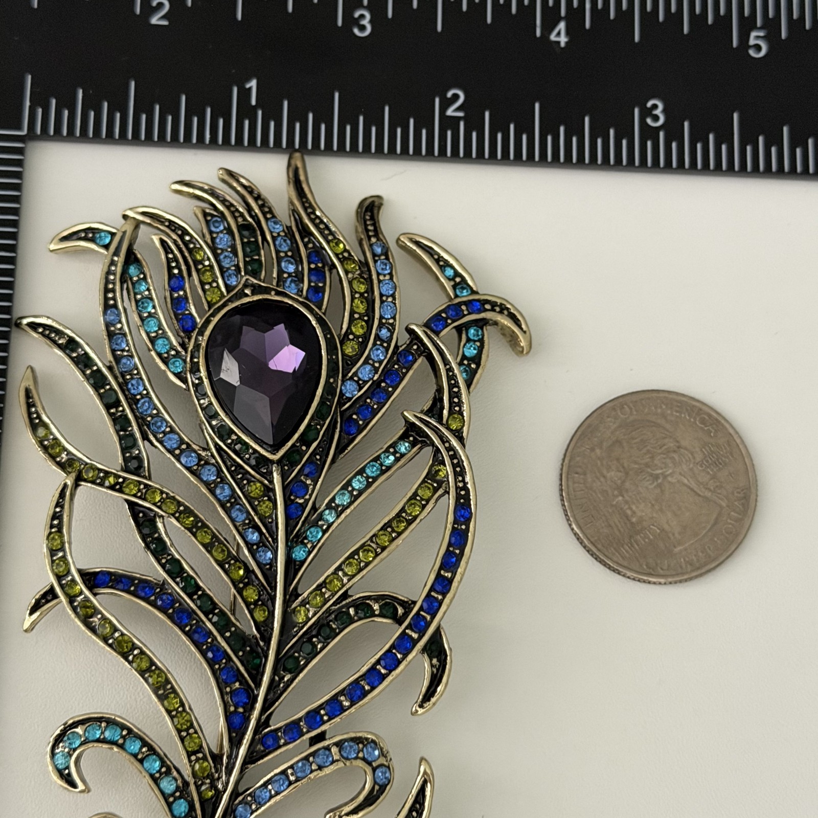 Heidi Daus Signed Rare Big Peacock Feather Rhinestone Statement Brooch Pin