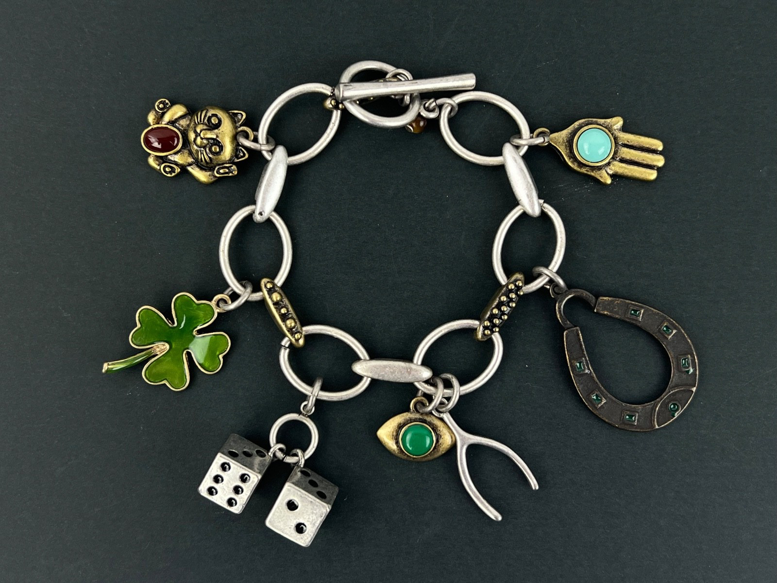 Matte Silver Metal Good Luck Charm Bracelet Dice Shamrock Wishbone Horseshoe 8″