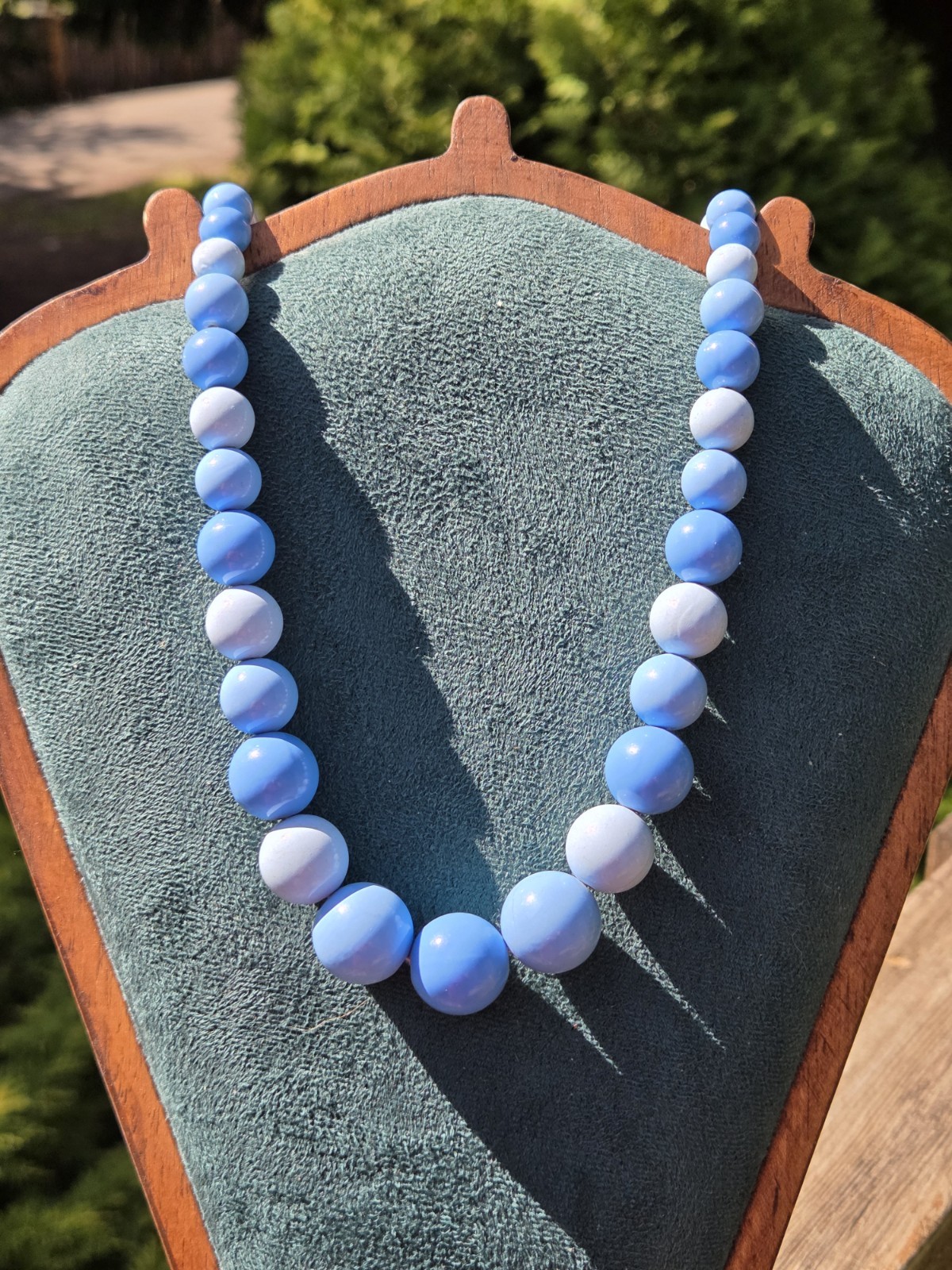 Vintage Hong Kong Blue Plastic Beaded Necklace Graduated Long Chunky Deadstock