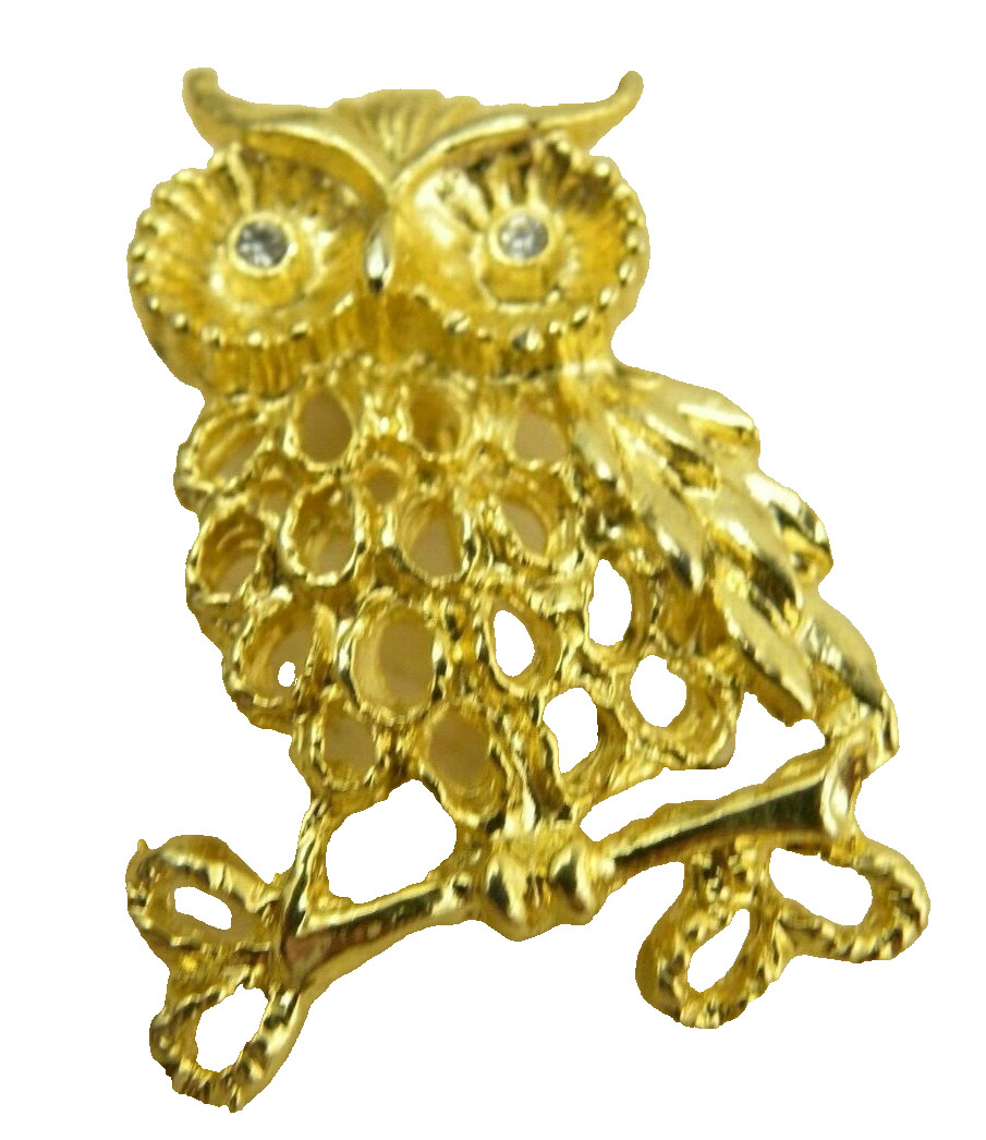 Vintage Rhinestone Owl Brooch Pin Bird Gold Tone