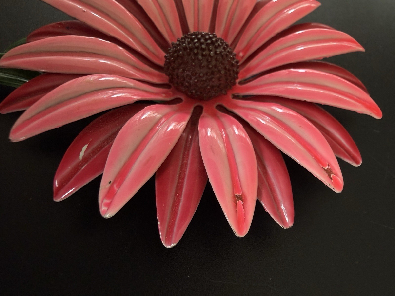 1960s Pink Enamel Celluloid Daisy Flower Brooch Pin Large Mod Statement 4 3/4”!