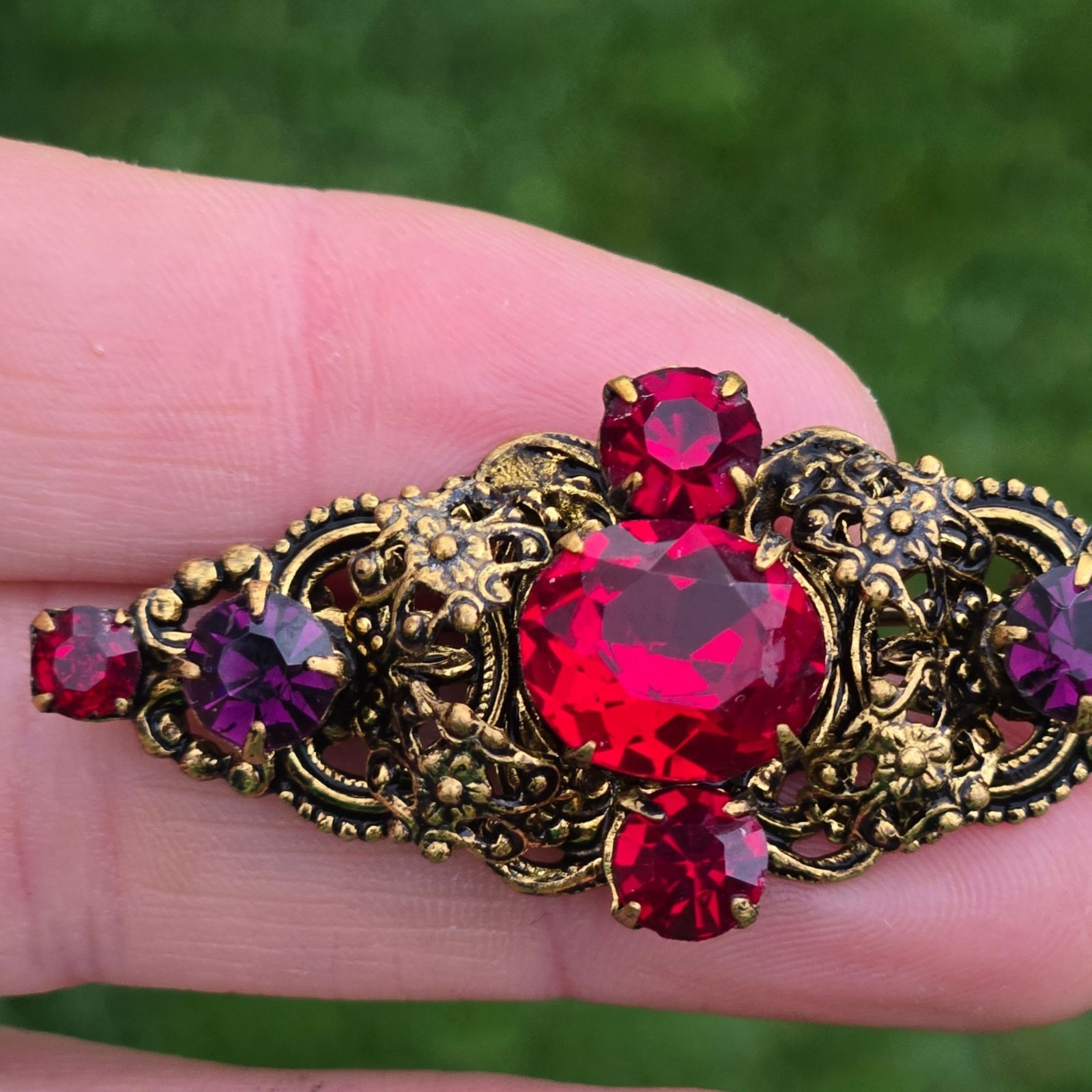 Antique Brooch Czech Glass Brass Filigree Pin Ruby Red Purple Czechoslovakia