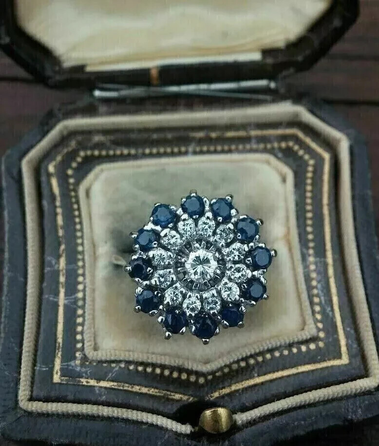 Art Deco Vintage Style Lab Created Diamond & Sapphire Engagement 925 Silver Ring