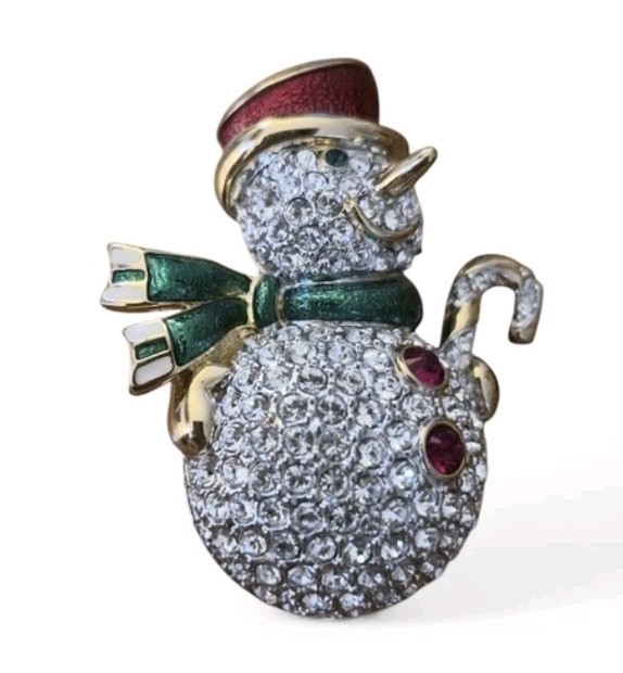 Swarovski Signed Vintage Snowman Brooch Gold Plated Encrusted With Crystals