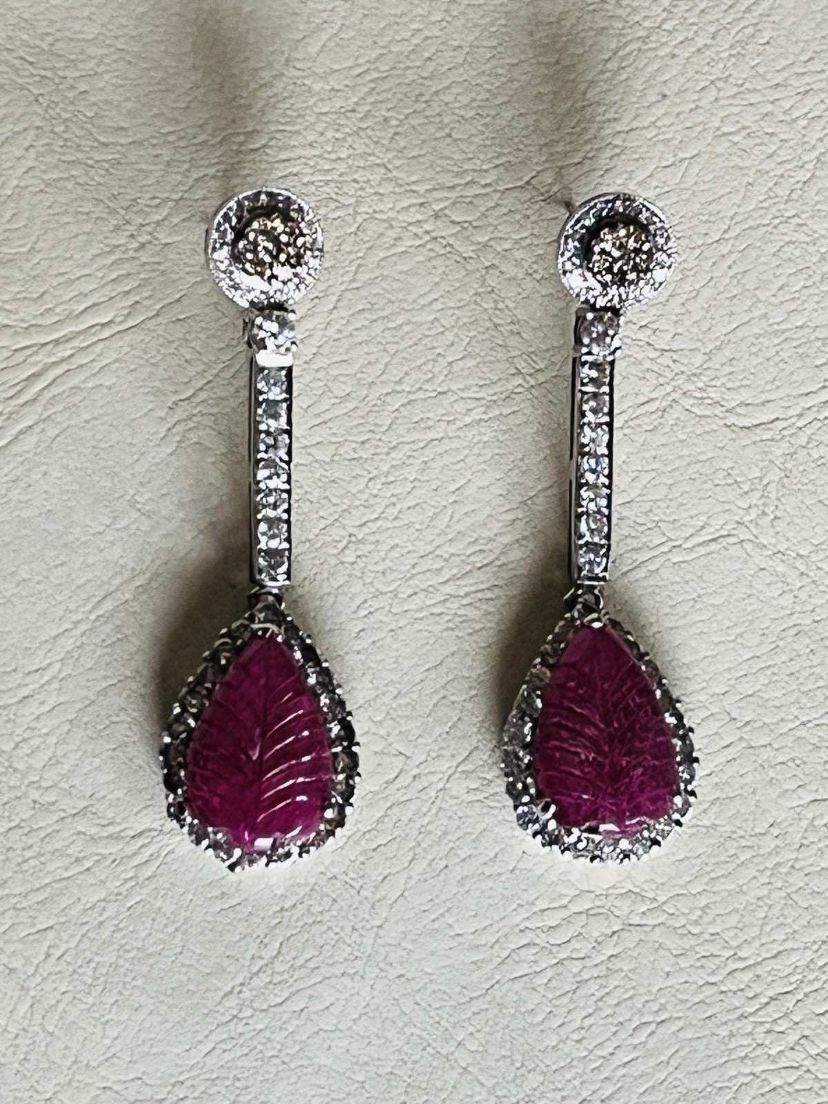 Large 14K Solid Gold Authentic Natural Ruby Diamond Leaf Earrings AGI Certified!