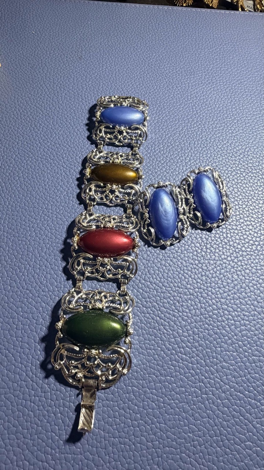 Vintage Sarah Coventry Carousel Silver Tone Multi-Color Cabochon Bracelet and Ea