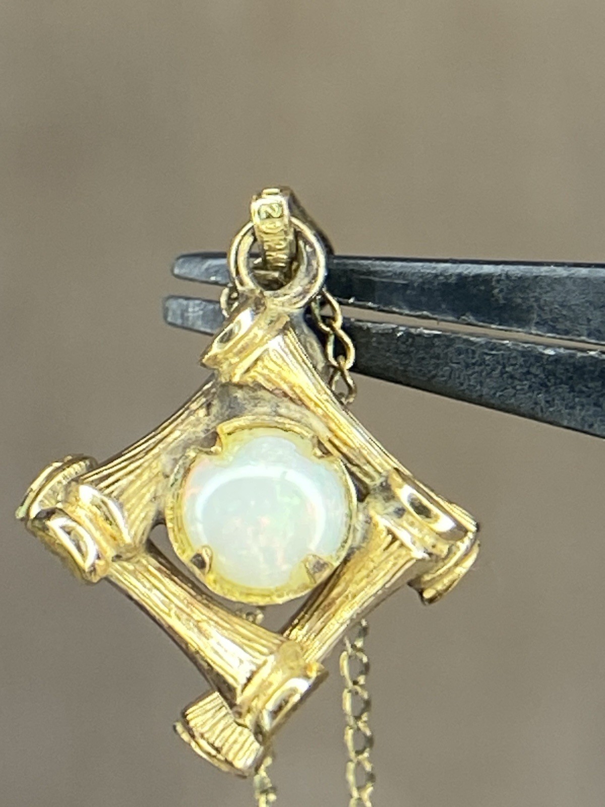 VINTAGE 12K GF Opal Pendant Necklace Bamboo Frame Gold Filled 22in Chain