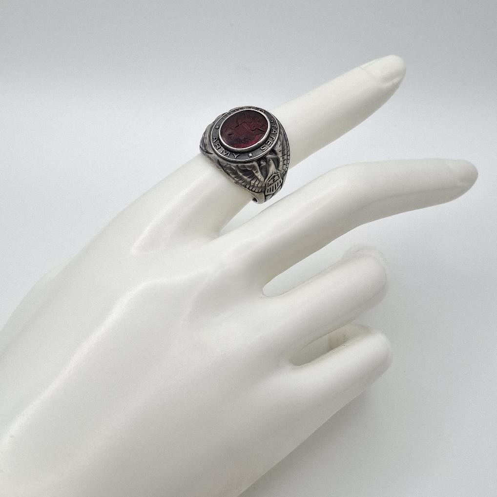 Vintage 925 Sterling Silver US Army Seal Red Intaglio Glass Signet Ring Size 7.5