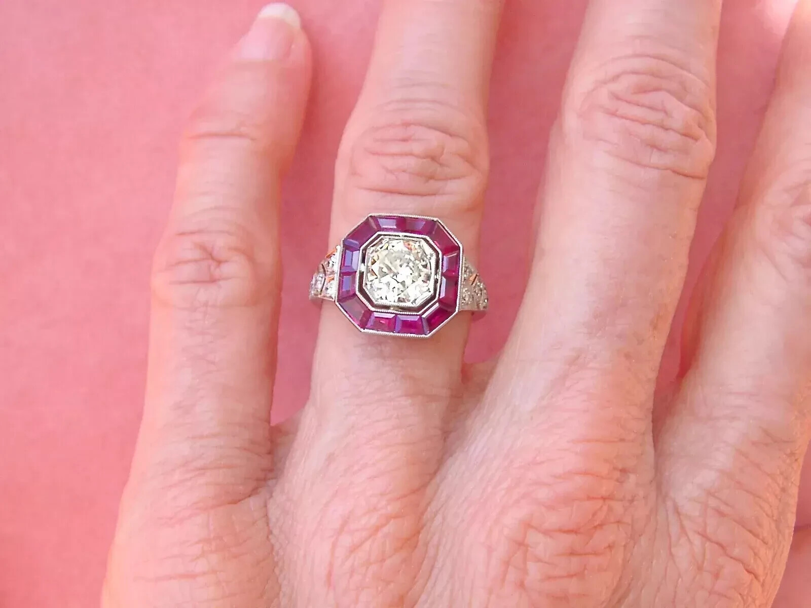 Art Deco Style 2Ct Lab-Created Diamond Ruby Halo Cocktail Ring 14k White Gold FN